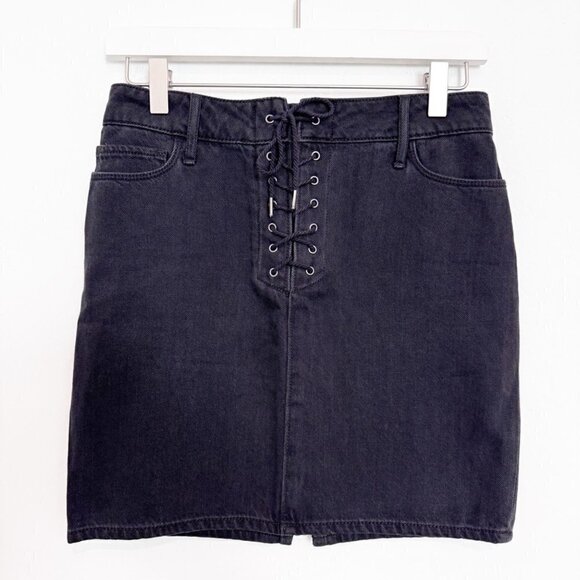 Paige Denim Iris Lace Up Tie Front High Rise Jean Pencil Mini Skirt Black 24 - Picture 1 of 6